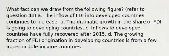 What fact can we draw from the following figure? (refer to question 48) a. The inflow of FDI into developed countries continues to increase. b. The dramatic growth in the share of FDI is going to developing countries. c. Inflows to developed countries have fully recovered after 2015. d. The growing fraction of FDI origination in developing countries is from a few upper-middle-income countries.