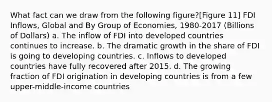 What fact can we draw from the following figure?[Figure 11] FDI Inflows, Global and By Group of Economies, 1980-2017 (Billions of Dollars) a. The inflow of FDI into developed countries continues to increase. b. The dramatic growth in the share of FDI is going to developing countries. c. Inflows to developed countries have fully recovered after 2015. d. The growing fraction of FDI origination in developing countries is from a few upper-middle-income countries