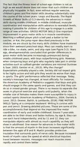 The fact that the fitness level of school-age children is not as high as we would desire does not mean that such children are physically incapable. In fact, even without regular exercise, children's gross and fine motor skills develop substantially over the course of the school years. Leaps and Bounds: The Rapid Growth of Motor Skills LO 5.3 Identify the advances in motor skills during middle childhood. In middle childhood, muscular coordination and manipulative skills advance to nearadult levels, making it possible for children of this age to engage in a wide range of new activities. GROSS MOTOR SKILLS One important improvement in gross motor skills is in muscle coordination. Watching a softball player pitch a ball past a batter to her catcher, or Kat, the jump-roper described previously in the module, we are struck by the many skills children have mastered since their awkward preschool days. Most can readily learn to ride a bike, ice skate, swim, and skip rope (see Figure 5-2). Years ago, developmentalists concluded that gender differences in gross motor skills became increasingly pronounced during middle childhood years, with boys outperforming girls. However, when comparing boys and girls who regularly take part in similar activities-such as softball-gender variations are minimal Ourimae & Saar, 2003; Gentier et al., 2013). Why the change? Expectations probably played a role. Society did not expect girls to be highly active and told girls they would do worse than boys in sports. The girls' performance reflected that message. Today, society's message has changed, at least officially. For instance, the American Academy of Pediatrics suggests that boys and girls should engage in the same sports and games, and that they can do so in mixed-gender groups. There is no reason to separate the sexes in physical exercise and sports until puberty, when the smaller size of females makes them more susceptible to injury in contact sports (American Academy of Pediatrics, 2004; Daniels & Lavoi, 2013; Deaner, Balish, & Lombardo, 2016). FINE MOTOR SKILLS Typing at a computer keyboard. Writing in cursive with pen and pencil. Drawing detailed pictures. These are some of the accomplishments that depend on the improved fine motor coordination of early and middle childhood. Sixand 7-year-olds are able to tie their shoes and fasten buttons; by age 8, they can use each hand independently; and by 11 and 12, they can manipulate objects with almost as much capability as they will show in adulthood. One reason for advances in fine motor skills is that the amount of myelin in the brain increases significantly between the ages of 6 and 8. Myelin provides protective insulation that surrounds parts of nerve cells. Because increased levels of myelin raise the speed at which electrical impulses travel between neurons, messages can reach muscles more rapidly and control them better