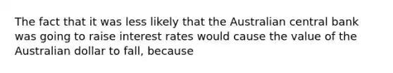 The fact that it was less likely that the Australian central bank was going to raise interest rates would cause the value of the Australian dollar to​ fall, because