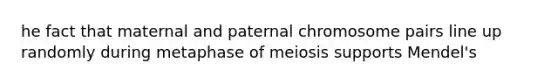 he fact that maternal and paternal chromosome pairs line up randomly during metaphase of meiosis supports Mendel's