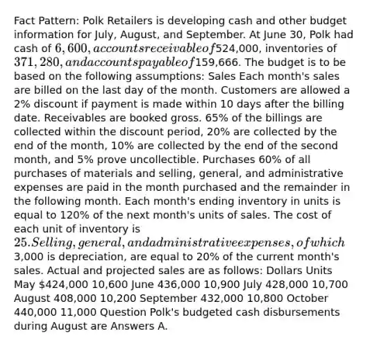 Fact Pattern: Polk Retailers is developing cash and other budget information for July, August, and September. At June 30, Polk had cash of 6,600, accounts receivable of524,000, inventories of 371,280, and accounts payable of159,666. The budget is to be based on the following assumptions: Sales Each month's sales are billed on the last day of the month. Customers are allowed a 2% discount if payment is made within 10 days after the billing date. Receivables are booked gross. 65% of the billings are collected within the discount period, 20% are collected by the end of the month, 10% are collected by the end of the second month, and 5% prove uncollectible. Purchases 60% of all purchases of materials and selling, general, and administrative expenses are paid in the month purchased and the remainder in the following month. Each month's ending inventory in units is equal to 120% of the next month's units of sales. The cost of each unit of inventory is 25. Selling, general, and administrative expenses, of which3,000 is depreciation, are equal to 20% of the current month's sales. Actual and projected sales are as follows: Dollars Units May 424,000 10,600 June 436,000 10,900 July 428,000 10,700 August 408,000 10,200 September 432,000 10,800 October 440,000 11,000 Question Polk's budgeted cash disbursements during August are Answers A.