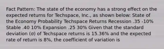 Fact Pattern: The state of the economy has a strong effect on the expected returns for Techspace, Inc., as shown below: State of the Economy Probability Techspace Returns Recession .35 -10% Stable .40 10% Expansion .25 30% Given that the standard deviation (σ) of Techspace returns is 15.36% and the expected rate of return is 8%, the coefficient of variation is