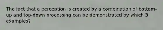 The fact that a perception is created by a combination of bottom-up and top-down processing can be demonstrated by which 3 examples?