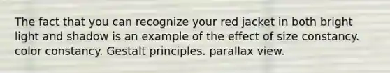 The fact that you can recognize your red jacket in both bright light and shadow is an example of the effect of size constancy. color constancy. Gestalt principles. parallax view.