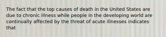 The fact that the top causes of death in the United States are due to chronic illness while people in the developing world are continually affected by the threat of acute illnesses indicates that