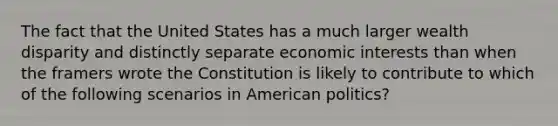 The fact that the United States has a much larger wealth disparity and distinctly separate economic interests than when the framers wrote the Constitution is likely to contribute to which of the following scenarios in American politics?