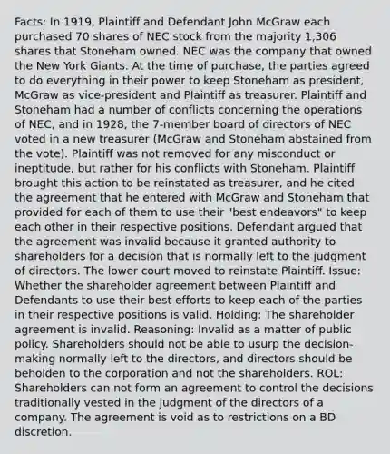 Facts: In 1919, Plaintiff and Defendant John McGraw each purchased 70 shares of NEC stock from the majority 1,306 shares that Stoneham owned. NEC was the company that owned the New York Giants. At the time of purchase, the parties agreed to do everything in their power to keep Stoneham as president, McGraw as vice-president and Plaintiff as treasurer. Plaintiff and Stoneham had a number of conflicts concerning the operations of NEC, and in 1928, the 7-member board of directors of NEC voted in a new treasurer (McGraw and Stoneham abstained from the vote). Plaintiff was not removed for any misconduct or ineptitude, but rather for his conflicts with Stoneham. Plaintiff brought this action to be reinstated as treasurer, and he cited the agreement that he entered with McGraw and Stoneham that provided for each of them to use their "best endeavors" to keep each other in their respective positions. Defendant argued that the agreement was invalid because it granted authority to shareholders for a decision that is normally left to the judgment of directors. The lower court moved to reinstate Plaintiff. Issue: Whether the shareholder agreement between Plaintiff and Defendants to use their best efforts to keep each of the parties in their respective positions is valid. Holding: The shareholder agreement is invalid. Reasoning: Invalid as a matter of public policy. Shareholders should not be able to usurp the decision-making normally left to the directors, and directors should be beholden to the corporation and not the shareholders. ROL: Shareholders can not form an agreement to control the decisions traditionally vested in the judgment of the directors of a company. The agreement is void as to restrictions on a BD discretion.