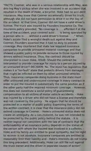 "FACTS: Coomer, who was in a serious relationship with May, was driv-ing May's pickup when she was involved in an accident that resulted in the death of Hoke, a bicyclist. Hoke had no acci-dent insurance. May knew that Coomer occasionally drove his truck, although she did not have permission to drive it on the day of the accident. At that time, Coomer did not have a valid driver's license. The truck was insured by Founders Insurance Co. The insurance policy provided, "No coverage is . . . afforded if at the time of the accident, your covered auto . . . is being operated by a person who is . . . without a valid driver's license. . . ." When Hoke's estate filed a wrongful death suit against May and Coomer, Founders asserted that it had no duty to provide coverage. May countered that state law required insurance companies to provide uninsured motorist coverage and that showed a public policy to provide recourse to those injured by drivers without insurance. Thus, the contract should be interpreted to cover Hoke. ISSUE: Should the contract be interpreted to provide coverage for injury to a person injured by an uninsured driver? DECISION: No. The state has legislation that makes it a "no-fault" state that protects drivers from damages that might be inflicted on them by other uninsured vehicles. - Thus, insurance companies doing business in the state must offer uninsured and underinsured coverage in every contract in order to put the insured in substantially the same position as if the other party had the required minimum coverage. - However, this does not constitute a social policy of guaranteeing compensation to all victims of motor vehicle accidents. - Hoke was injured by a driver who did not have a license and therefore was not covered by the policy. - He argues that he should be protected as a matter of public policy. Examining the terms of the written contract, it is clear that the insurance policy did not extend coverage to Coomer. - Hoke's uninsured status does not create an ambiguity. As a non-motorist, he was not intended to be protected by the public policy behind the statute. - It is neither logical nor consistent with the law of contracts that the enforceability of an insurance policy depends on the statue of the person with whom the insured was involved in a collision. - Hoke and his family are entitled to great sympathy, but his right to recover is not absolute. Insurance companies are entitled to reasonably limit their liability and - Hoke's interests do not trump this long precedent. Additionally, Hoke can still file suit against the truck owner and the driver in separate causes of action"