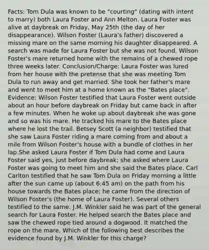 Facts: Tom Dula was known to be "courting" (dating with intent to marry) both Laura Foster and Ann Melton. Laura Foster was alive at daybreak on Friday, May 25th (the day of her disappearance). Wilson Foster (Laura's father) discovered a missing mare on the same morning his daughter disappeared. A search was made for Laura Foster but she was not found. Wilson Foster's mare returned home with the remains of a chewed rope three weeks later. Conclusion/Charge: Laura Foster was lured from her house with the pretense that she was meeting Tom Dula to run away and get married. She took her father's mare and went to meet him at a home known as the "Bates place". Evidence: Wilson Foster testified that Laura Foster went outside about an hour before daybreak on Friday but came back in after a few minutes. When he woke up about daybreak she was gone and so was his mare. He tracked his mare to the Bates place where he lost the trail. Betsey Scott (a neighbor) testified that she saw Laura Foster riding a mare coming from and about a mile from Wilson Foster's house with a bundle of clothes in her lap.She asked Laura Foster if Tom Dula had come and Laura Foster said yes, just before daybreak; she asked where Laura Foster was going to meet him and she said the Bates place. Carl Carlton testified that he saw Tom Dula on Friday morning a little after the sun came up (about 6:45 am) on the path from his house towards the Bates place; he came from the direction of Wilson Foster's (the home of Laura Foster). Several others testified to the same. J.M. Winkler said he was part of the general search for Laura Foster. He helped search the Bates place and saw the chewed rope tied around a dogwood. It matched the rope on the mare. Which of the following best describes the evidence found by J.M. Winkler for this charge?