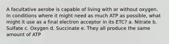 A facultative aerobe is capable of living with or without oxygen. In conditions where it might need as much ATP as possible, what might it use as a final electron acceptor in its ETC? a. Nitrate b. Sulfate c. Oxygen d. Succinate e. They all produce the same amount of ATP