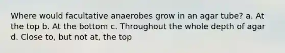 Where would facultative anaerobes grow in an agar tube? a. At the top b. At the bottom c. Throughout the whole depth of agar d. Close to, but not at, the top