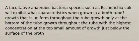 A facultative anaerobic bacteria species such as Escherichia coli will exhibit what characteristics when grown in a broth tube? growth that is uniform throughout the tube growth only at the bottom of the tube growth throughout the tube with the highest concentration at the top small amount of growth just below the surface of the broth