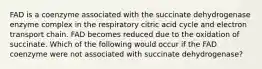 FAD is a coenzyme associated with the succinate dehydrogenase enzyme complex in the respiratory citric acid cycle and electron transport chain. FAD becomes reduced due to the oxidation of succinate. Which of the following would occur if the FAD coenzyme were not associated with succinate dehydrogenase?