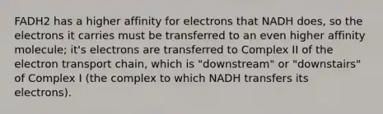 FADH2 has a higher affinity for electrons that NADH does, so the electrons it carries must be transferred to an even higher affinity molecule; it's electrons are transferred to Complex II of the electron transport chain, which is "downstream" or "downstairs" of Complex I (the complex to which NADH transfers its electrons).