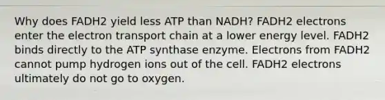 Why does FADH2 yield less ATP than NADH? FADH2 electrons enter the electron transport chain at a lower energy level. FADH2 binds directly to the ATP synthase enzyme. Electrons from FADH2 cannot pump hydrogen ions out of the cell. FADH2 electrons ultimately do not go to oxygen.