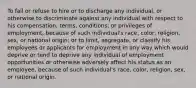 To fail or refuse to hire or to discharge any individual, or otherwise to discriminate against any individual with respect to his compensation, terms, conditions, or privileges of employment, because of such individual's race, color, religion, sex, or national origin; or to limit, segregate, or classify his employees or applicants for employment in any way which would deprive or tend to deprive any individual of employment opportunities or otherwise adversely affect his status as an employee, because of such individual's race, color, religion, sex, or national origin.