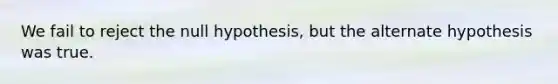 We fail to reject the null hypothesis, but the alternate hypothesis was true.