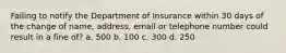 Failing to notify the Department of Insurance within 30 days of the change of name, address, email or telephone number could result in a fine of? a. 500 b. 100 c. 300 d. 250