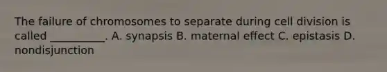 The failure of chromosomes to separate during cell division is called __________. A. synapsis B. maternal effect C. epistasis D. nondisjunction