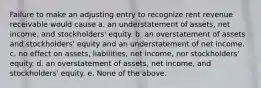 Failure to make an adjusting entry to recognize rent revenue receivable would cause a. an understatement of assets, net income, and stockholders' equity. b. an overstatement of assets and stockholders' equity and an understatement of net income. c. no effect on assets, liabilities, net income, nor stockholders' equity. d. an overstatement of assets, net income, and stockholders' equity. e. None of the above.