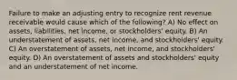 Failure to make an adjusting entry to recognize rent revenue receivable would cause which of the following? A) No effect on assets, liabilities, net income, or stockholders' equity. B) An understatement of assets, net income, and stockholders' equity. C) An overstatement of assets, net income, and stockholders' equity. D) An overstatement of assets and stockholders' equity and an understatement of net income.