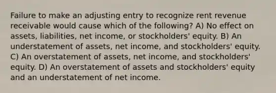 Failure to make an adjusting entry to recognize rent revenue receivable would cause which of the following? A) No effect on assets, liabilities, net income, or stockholders' equity. B) An understatement of assets, net income, and stockholders' equity. C) An overstatement of assets, net income, and stockholders' equity. D) An overstatement of assets and stockholders' equity and an understatement of net income.