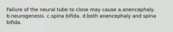 Failure of the neural tube to close may cause a.anencephaly. b.neurogenesis. c.spina bifida. d.both anencephaly and spina bifida.