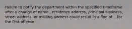 Failure to notify the department within the specified timeframe after a change of name , residence address, principal business, street address, or mailing address could result in a fine of __for the first offense