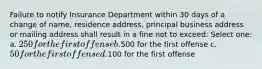 Failure to notify Insurance Department within 30 days of a change of name, residence address, principal business address or mailing address shall result in a fine not to exceed: Select one: a. 250 for the first offense b.500 for the first offense c. 50 for the first offense d.100 for the first offense