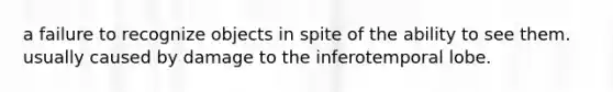 a failure to recognize objects in spite of the ability to see them. usually caused by damage to the inferotemporal lobe.