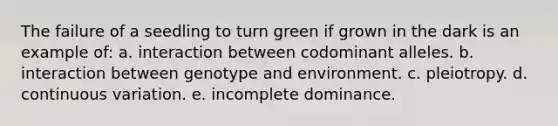 The failure of a seedling to turn green if grown in the dark is an example of: a. interaction between codominant alleles. b. interaction between genotype and environment. c. pleiotropy. d. continuous variation. e. incomplete dominance.