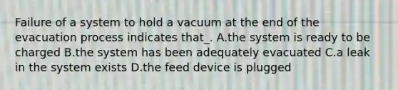 Failure of a system to hold a vacuum at the end of the evacuation process indicates that_. A.the system is ready to be charged B.the system has been adequately evacuated C.a leak in the system exists D.the feed device is plugged