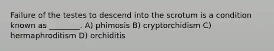 Failure of the testes to descend into the scrotum is a condition known as ________. A) phimosis B) cryptorchidism C) hermaphroditism D) orchiditis