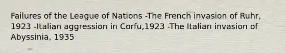 Failures of the League of Nations -The French invasion of Ruhr, 1923 -Italian aggression in Corfu,1923 -The Italian invasion of Abyssinia, 1935