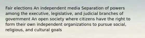 Fair elections An independent media Separation of powers among the executive, legislative, and judicial branches of government An open society where citizens have the right to form their own independent organizations to pursue social, religious, and cultural goals