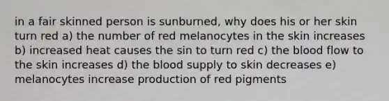 in a fair skinned person is sunburned, why does his or her skin turn red a) the number of red melanocytes in the skin increases b) increased heat causes the sin to turn red c) the blood flow to the skin increases d) the blood supply to skin decreases e) melanocytes increase production of red pigments