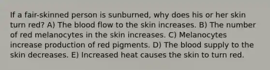 If a fair-skinned person is sunburned, why does his or her skin turn red? A) <a href='https://www.questionai.com/knowledge/k7oXMfj7lk-the-blood' class='anchor-knowledge'>the blood</a> flow to the skin increases. B) The number of red melanocytes in the skin increases. C) Melanocytes increase production of red pigments. D) The blood supply to the skin decreases. E) Increased heat causes the skin to turn red.