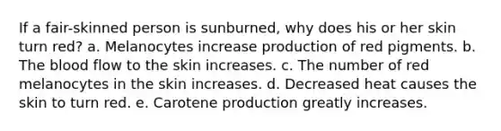 If a fair-skinned person is sunburned, why does his or her skin turn red? a. Melanocytes increase production of red pigments. b. <a href='https://www.questionai.com/knowledge/k7oXMfj7lk-the-blood' class='anchor-knowledge'>the blood</a> flow to the skin increases. c. The number of red melanocytes in the skin increases. d. Decreased heat causes the skin to turn red. e. Carotene production greatly increases.