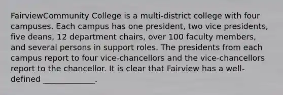 FairviewCommunity College is a multi-district college with four campuses. Each campus has one president, two vice presidents, five deans, 12 department chairs, over 100 faculty members, and several persons in support roles. The presidents from each campus report to four vice-chancellors and the vice-chancellors report to the chancellor. It is clear that Fairview has a well-defined _____________.