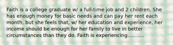 Faith is a college graduate w/ a full-time job and 2 children. She has enough money for basic needs and can pay her rent each month, but she feels that, w/ her education and experience, her income should be enough for her family to live in better circumstances than they do. Faith is experiencing...........