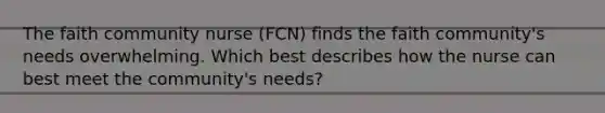 The faith community nurse (FCN) finds the faith community's needs overwhelming. Which best describes how the nurse can best meet the community's needs?