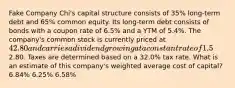 Fake Company Chi's capital structure consists of 35% long-term debt and 65% common equity. Its long-term debt consists of bonds with a coupon rate of 6.5% and a YTM of 5.4%. The company's common stock is currently priced at 42.80 and carries a dividend growing at a constant rate of 1.5%. The most recent dividend paid was2.80. Taxes are determined based on a 32.0% tax rate. What is an estimate of this company's weighted average cost of capital? 6.84% 6.25% 6.58%