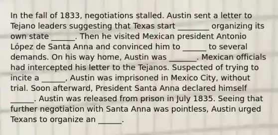 In the fall of 1833, negotiations stalled. Austin sent a letter to Tejano leaders suggesting that Texas start ________ organizing its own state ______. Then he visited Mexican president Antonio López de Santa Anna and convinced him to ______ to several demands. On his way home, Austin was _______. Mexican officials had intercepted his letter to the Tejanos. Suspected of trying to incite a ______, Austin was imprisoned in Mexico City, without trial. Soon afterward, President Santa Anna declared himself ______. Austin was released from prison in July 1835. Seeing that further negotiation with Santa Anna was pointless, Austin urged Texans to organize an ______.