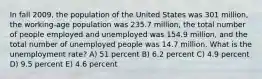 In fall 2009, the population of the United States was 301 million, the working-age population was 235.7 million, the total number of people employed and unemployed was 154.9 million, and the total number of unemployed people was 14.7 million. What is the unemployment rate? A) 51 percent B) 6.2 percent C) 4.9 percent D) 9.5 percent E) 4.6 percent