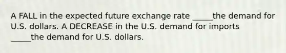 A FALL in the expected future exchange rate _____the demand for U.S. dollars. A DECREASE in the U.S. demand for imports _____the demand for U.S. dollars.