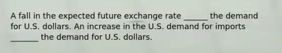 A fall in the expected future exchange rate​ ______ the demand for U.S. dollars. An increase in the U.S. demand for imports​ _______ the demand for U.S. dollars.