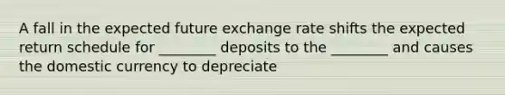 A fall in the expected future exchange rate shifts the expected return schedule for ________ deposits to the ________ and causes the domestic currency to depreciate