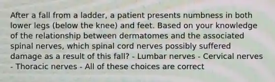 After a fall from a ladder, a patient presents numbness in both lower legs (below the knee) and feet. Based on your knowledge of the relationship between dermatomes and the associated <a href='https://www.questionai.com/knowledge/kyBL1dWgAx-spinal-nerves' class='anchor-knowledge'>spinal nerves</a>, which spinal cord nerves possibly suffered damage as a result of this fall? - Lumbar nerves - Cervical nerves - Thoracic nerves - All of these choices are correct