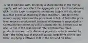 -A fall in nominal GDP, driven by a sharp decline in the money supply, will not only affect the aggregate price level but also real GDP. -In this case, changes in the money supply will also drive business cycles as stated by Milton Friedman. -The fall in the money supply will cause the price level to fall. -A fall in the price level reduces employment because of downward wage rigidity. -Contractionary monetary policy causes the real interest rate to rise. -A rise in the real interest rate will therefore make production more costly. -Because physical capital is needed by labor, the rising cost of physical capital leads firms to hire less labor, implying a leftward shift in the demand for labor.